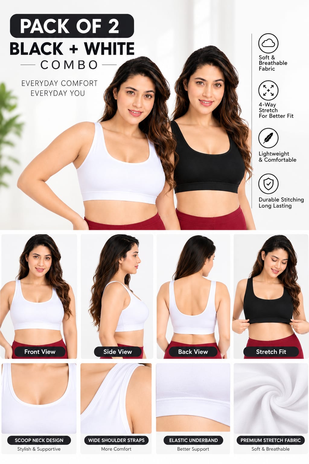 DChica Cotton Uniform Beginners Bra for Girls, Non-Padded Full Coverage Seamless Non-Wired Gym Workout Bra with Adjustable Thin Strap, Slip-on Training Bra for Teenager